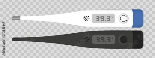 Digital thermometer set. Two electronic medical thermometers, one white with a blue accent and one black, displaying a high fever temperature of 39.3 on an LCD screen. Healthcare, diagnostics