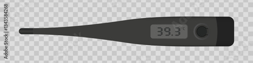 Digital medical thermometer. Black electronic thermometer displaying a temperature of 39.3 on an LCD screen. Healthcare, fever detection, patient monitoring, and medical diagnostics