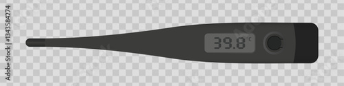 Digital medical thermometer. Black electronic thermometer displaying a temperature of 39.8 on an LCD screen. Healthcare, fever detection, patient monitoring, and medical diagnostics