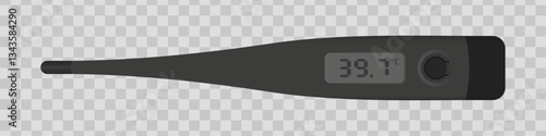 Digital medical thermometer. Black electronic thermometer displaying a temperature of 39.7 on an LCD screen. Healthcare, fever detection, patient monitoring, and medical diagnostics