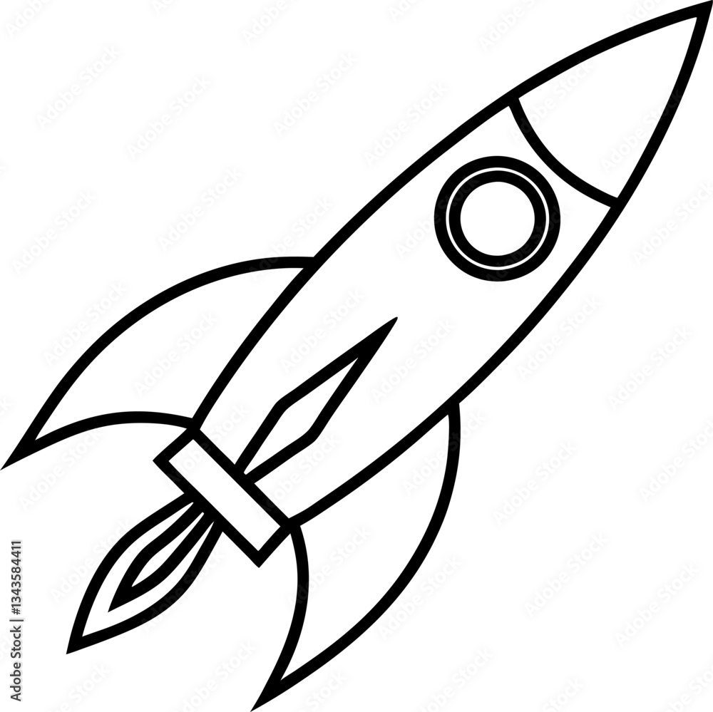 Fototapeta premium Simple Rocket Ship Outline Ascending in Space, Isolated on White Startup Launch Concept