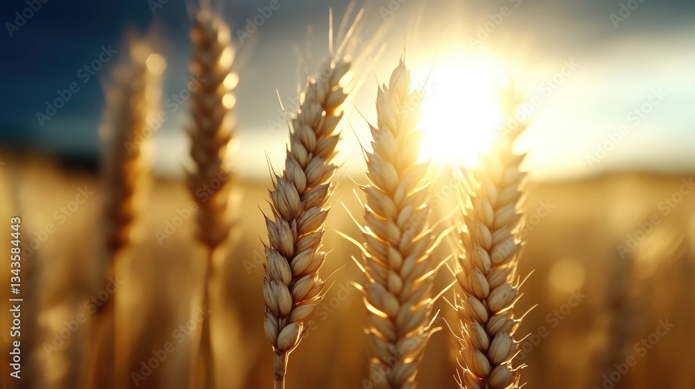 Golden wheat field bathed in sunset light