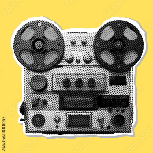 Fashion halftone dot element with photocopy effect. Retro music receiver, tape recorder vintage. Grunge punk dot for collage, poster, print, banner.