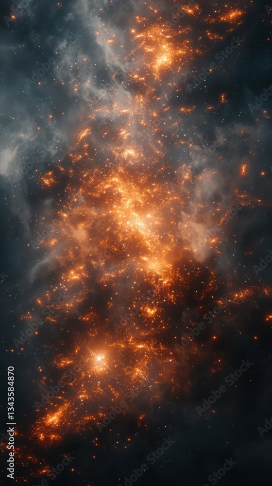 A cosmic scene filled with fiery orange sparks and dark clouds, creating a mesmerizing display of celestial beauty. A cosmic scene filled with fiery orange sparks and dark clouds, creating a mesmerizing display of celestial beauty.