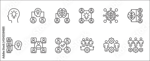 Human resources development icon set. Team or group idea icons. Icons set contains intelligent, smart, problem solving, teamwork, cooperation, brain storming. Vector stock illustration.
