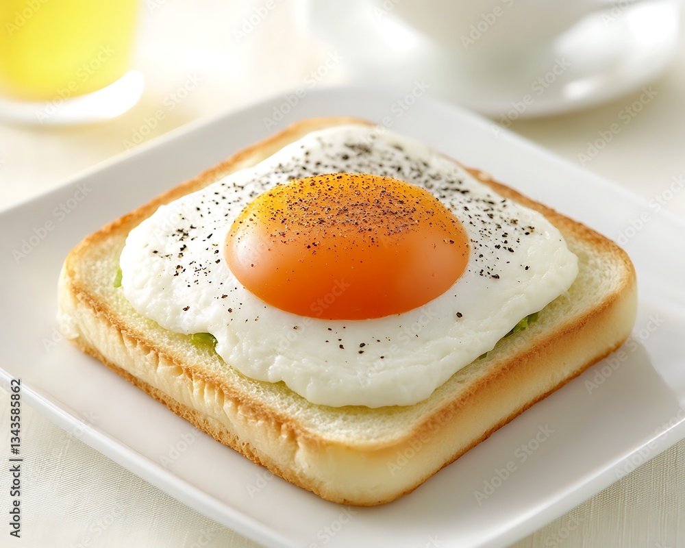 A single fried egg served atop a square slice of toast A single fried egg served atop a square slice of toast