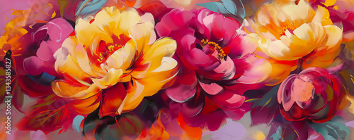 Vibrant Abstract Red Peonies Oil Acrylic Painting with Golden Accents. Modern Floral Artwork in Bold Ink and Fluid Style, Perfect for Home Decor, Wall Art, Nature Inspired Design and Print Projects