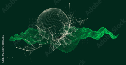Science fiction background. Abstract image of wireframe wave and sphere with plexus effect.