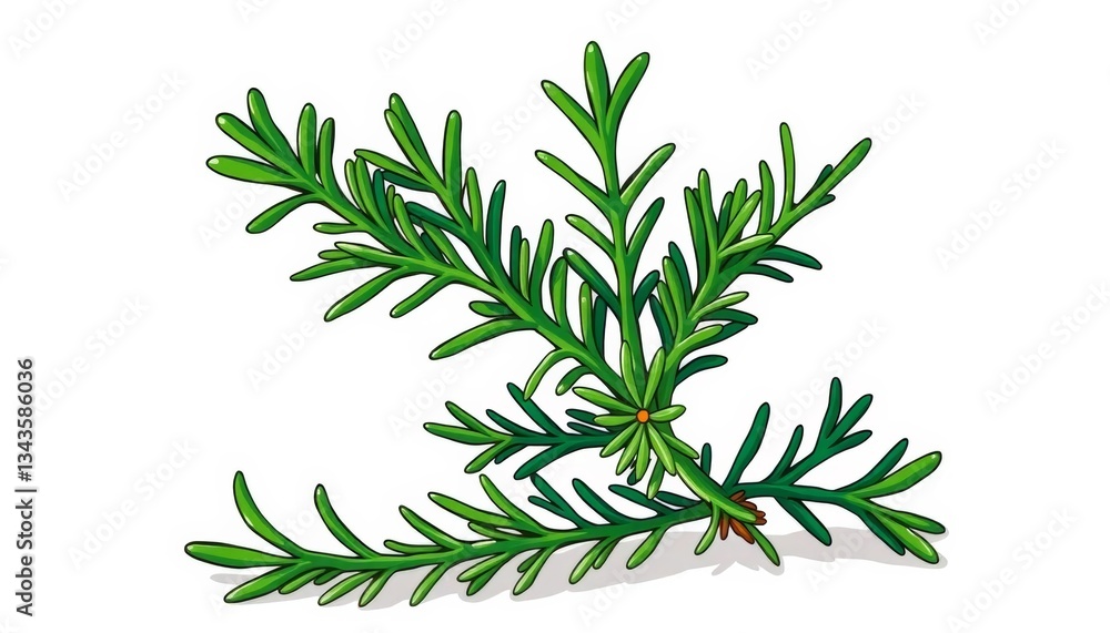 Vibrant green rosemary sprig, cartoon & outline styles, isolated on white, organic, cartoon Vibrant green rosemary sprig, cartoon & outline styles, isolated on white, organic, cartoon