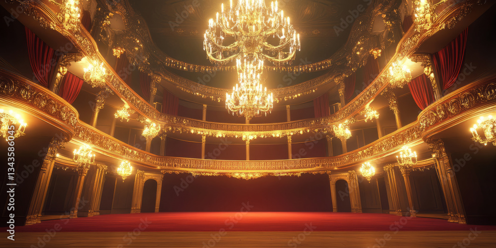 Obraz premium A cinematic 3D background of a grand opera house, its golden balconies overlooking a majestic red velvet stage. The crystal chandeliers sparkle under soft golden lighting, while the ghostly echo of