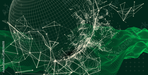 Science fiction background. Abstract image of wireframe wave and sphere with plexus effect.