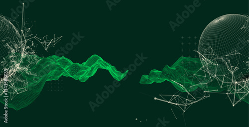 Science fiction background. Abstract image of wireframe wave and sphere with plexus effect.