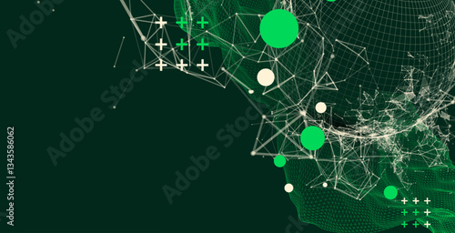 Science fiction background. Abstract image of wireframe wave and sphere with plexus effect.