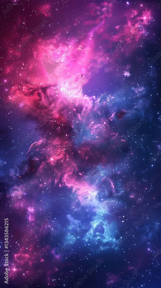 Naklejka premium A vibrant cosmic scene filled with swirling purple, pink, and blue nebulae set against a backdrop of twinkling stars.