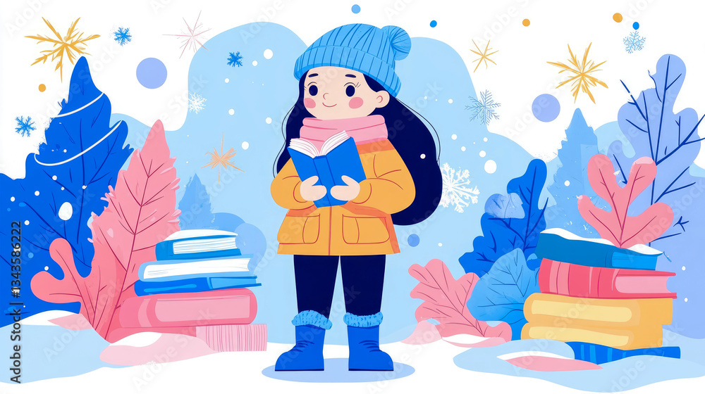 Winter Holiday Scene: Little Girl Reading a Book in a Snowy Landscape, Ideal for Greeting Card Winter Holiday Scene: Little Girl Reading a Book in a Snowy Landscape, Ideal for Greeting Card