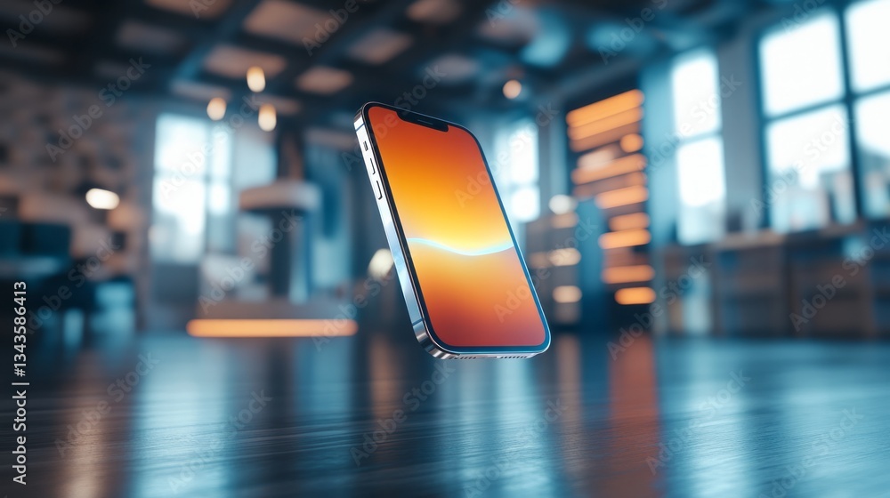 Modern smartphone floating above a reflective wooden surface indoors Modern smartphone floating above a reflective wooden surface indoors