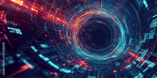 Wallpaper Mural A cyberpunk 3D background of a digital black hole, where swirling data streams spiral into an unknown void. Code fragments and neon symbols hover around the vortex, creating a mesmerizing yet ominous Torontodigital.ca