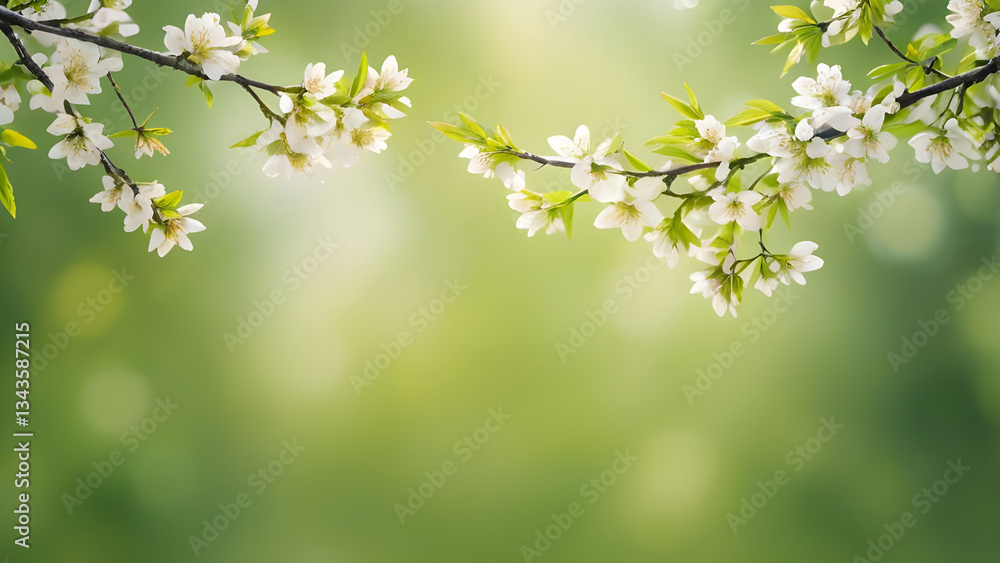 Beautiful white flowers blooming on branch against green background Beautiful white flowers blooming on branch against green background
