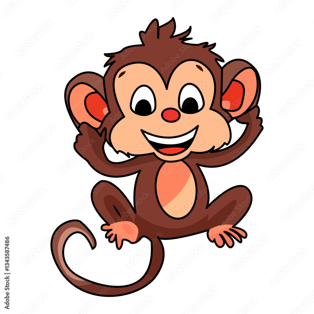 Fototapeta premium Cute cartoon monkey. A cheerful, playful monkey character with a big smile, open arms, and a curly tail on a white background. Fun, jungle-themed, kids illustration, and mascot concept