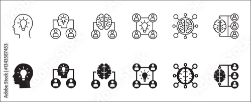 Human resources development icon set. Team or group idea icons. Icons set contains intelligent, smart, problem solving, teamwork, cooperation, brain storming. Vector stock illustration.
