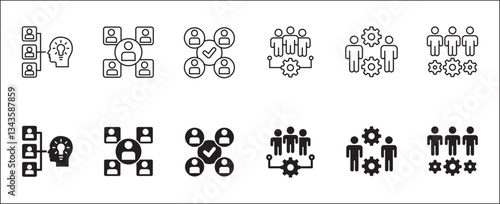 Human resources development icon set. Team or group idea icons. Icons set contains intelligent, smart, problem solving, teamwork, cooperation, brain storming. Vector stock illustration.