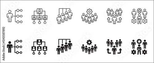 People connection in business management icon set. Employee staff hierarchy in company. Icons set containing leader, leadership, position, relation, occupation, boss, manager. Vector illustration.