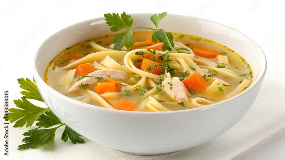 Fresh Homemade Chicken Noodle Soup in White Bowl with Vegetables and Herbs – Hearty Broth with Tender Chicken, Carrots, Noodles, and Parsley Garnish on White Background for Comfort Food Lovers Fresh Homemade Chicken Noodle Soup in White Bowl with Vegetables and Herbs – Hearty Broth with Tender Chicken, Carrots, Noodles, and Parsley Garnish on White Background for Comfort Food Lovers
