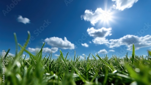 Lush green grass field under a vibrant blue sky with fluffy white clouds and a bright sun