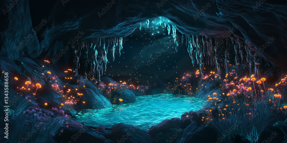 Naklejka premium A mystical 3D background of a secret underground cavern filled with glowing mushrooms and bioluminescent vines. A crystalline pool in the center reflects the stars, despite being miles below the