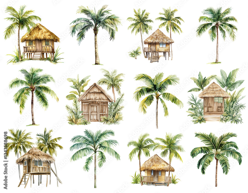 Fototapeta premium Watercolor tropical huts and palm trees set.