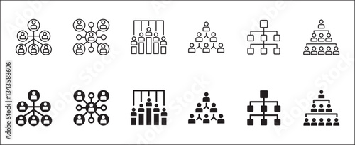 People connection in business management icon set. Employee staff hierarchy in company. Icons set containing leader, leadership, position, relation, occupation, boss, manager. Vector illustration.
