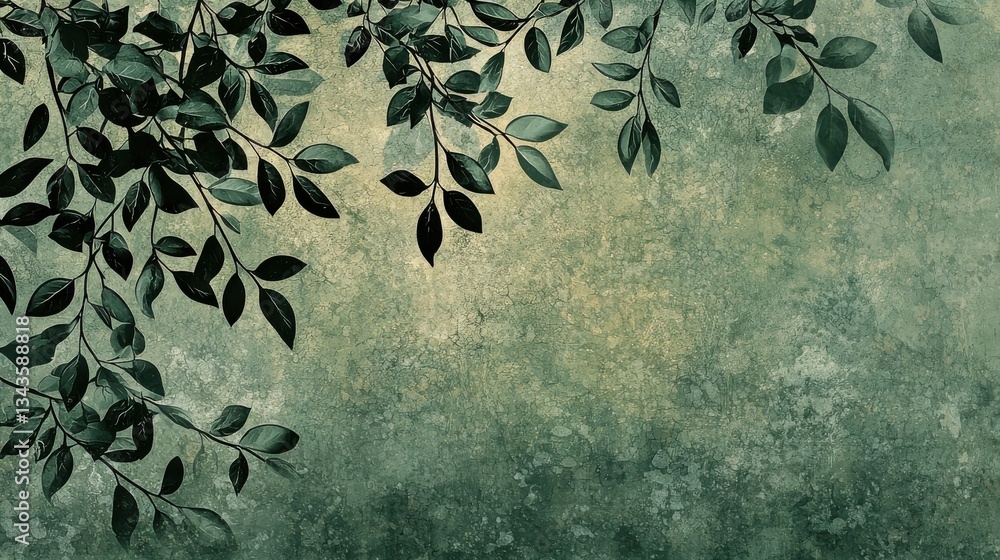 Tree leaves on a grunge texture background, wallpaper for interiors. Vintage green wallpaper for classical design interior design or oriental design Tree leaves on a grunge texture background, wallpaper for interiors. Vintage green wallpaper for classical design interior design or oriental design