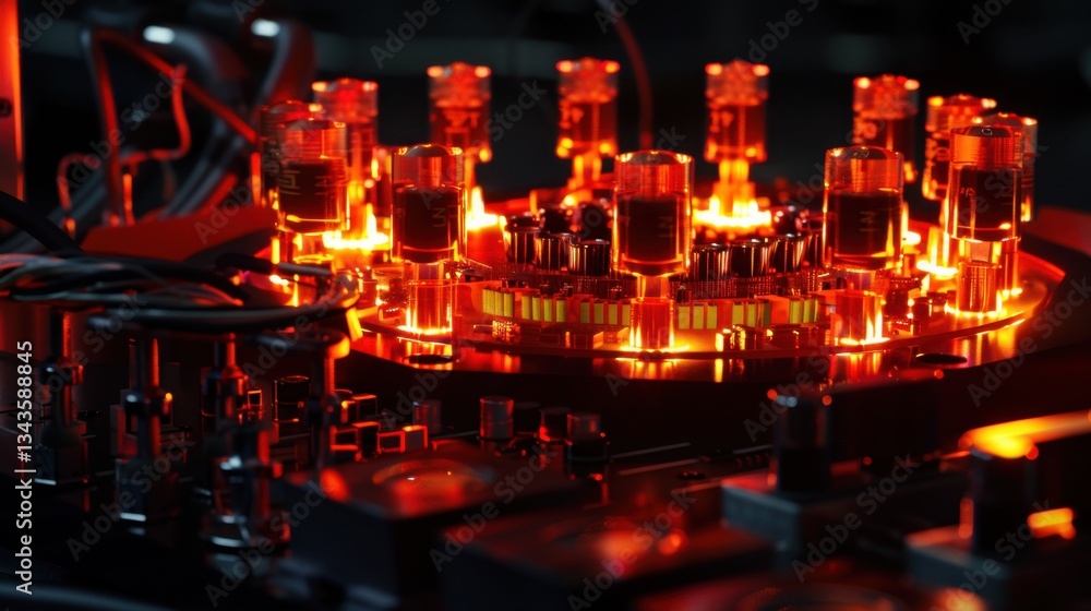 Obraz premium Glowing Analog Processor Illuminated Against a Dark Background