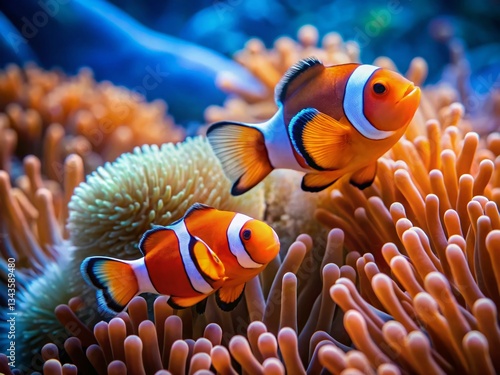 Adorable Couple of Clownfish Swimming in Vibrant Blue Ocean Water - Underwater Stock Photo