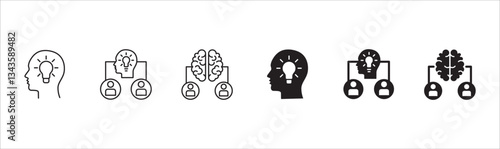 Human resources development icon set. Team or group idea icons. Icons set contains intelligent, smart, problem solving, teamwork, cooperation, brain storming. Vector stock illustration.