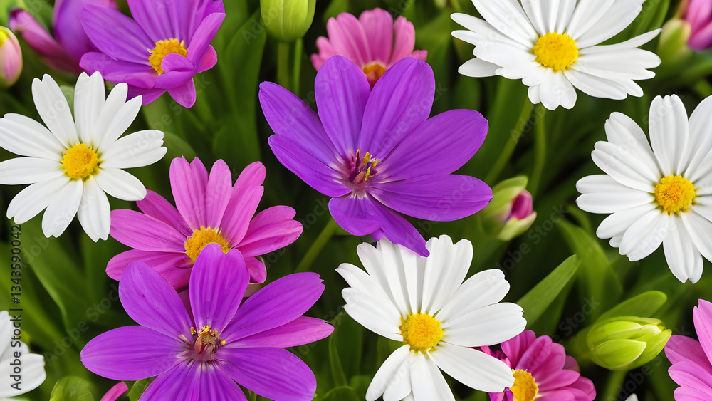 Fototapeta premium Colorful daisy flowers blooming in spring, creating a vibrant floral background