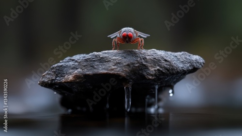 Fly on rock, water reflection