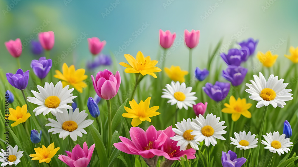 Fototapeta premium Colorful spring flowers blooming in green grass against blurred background