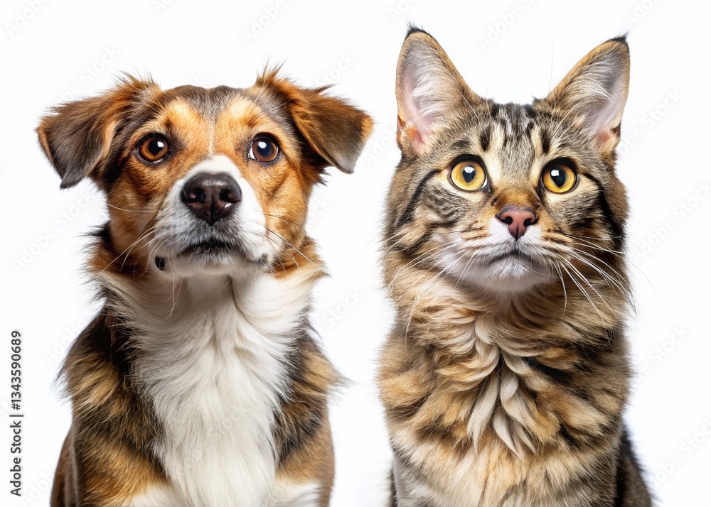 Obraz premium Adorable Dog and Cat Looking Up, Full Body, Isolated on White Background