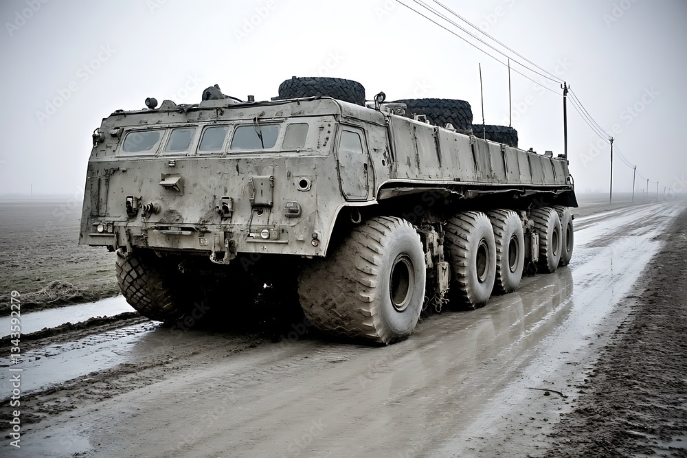 Large military vehicle driving on a wet muddy rural road Large military vehicle driving on a wet muddy rural road