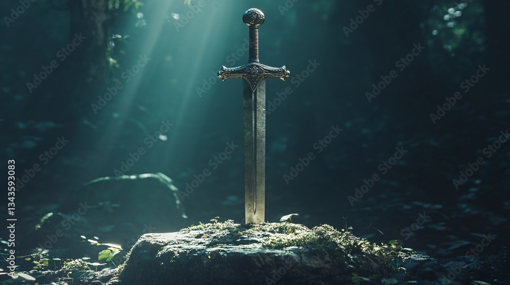 Naklejka premium Legendary Excalibur Sword in Stone: Symbol of Courage and Power