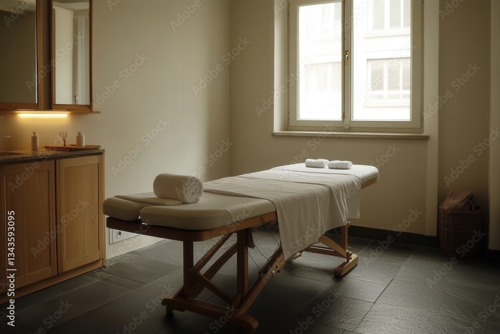 Fototapeta premium Towels rest on the floor beside a massage table in a calming therapy room