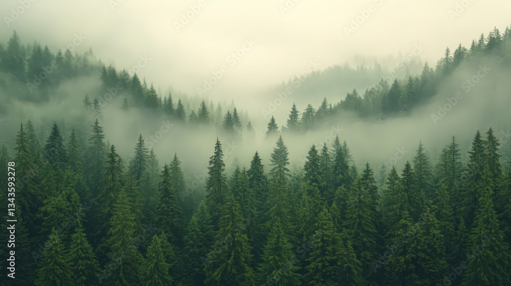 Misty Evergreen Forest Landscape at Dawn Misty Evergreen Forest Landscape at Dawn