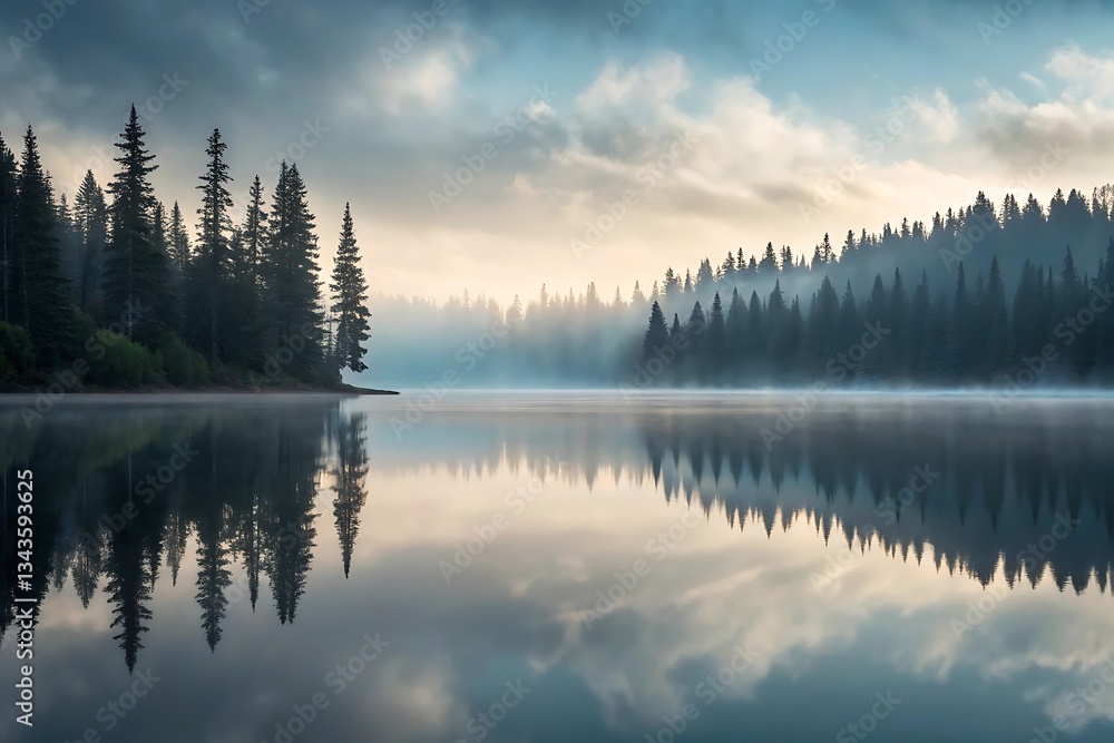 Sunrise over the lake with misty reflections and peaceful nature scenery Sunrise over the lake with misty reflections and peaceful nature scenery