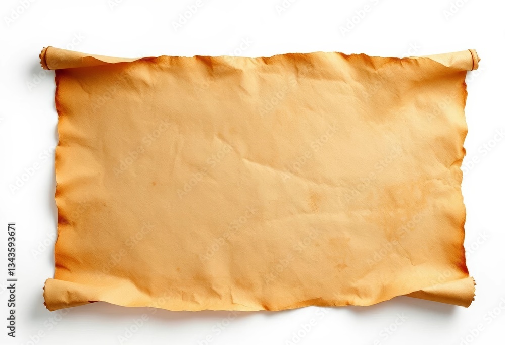 Fototapeta premium Aged parchment scroll, horizontally oriented, isolated on white background with subtle shadow, illustration, beige