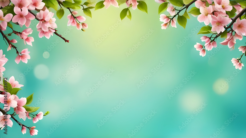 Fototapeta premium Blooming cherry tree branches framing a soft green background