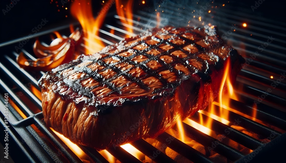 Close-up of steak searing over open flames, rich texture and mouthwatering aroma Close-up of steak searing over open flames, rich texture and mouthwatering aroma