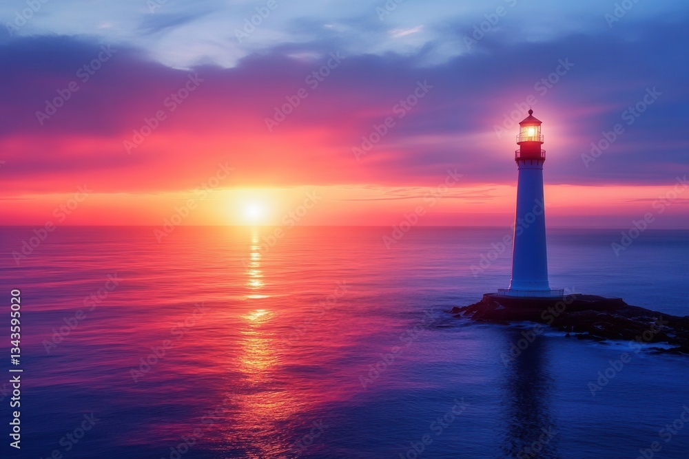 A striking lighthouse silhouetted against a fiery sunset, with waves crashing below A striking lighthouse silhouetted against a fiery sunset, with waves crashing below