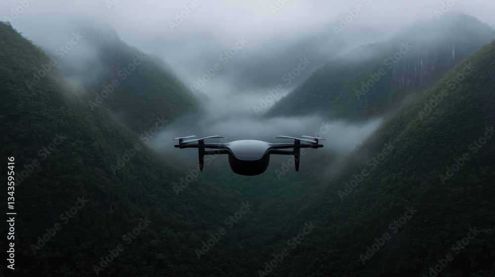 Drone soars above misty mountains
