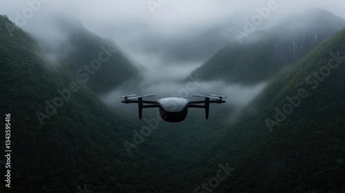 Obraz na płótnie Drone soars above misty mountains w salonie